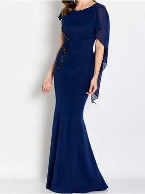 Elegant Navy Blue Evening Gown with Sheer Cape Sleeve
